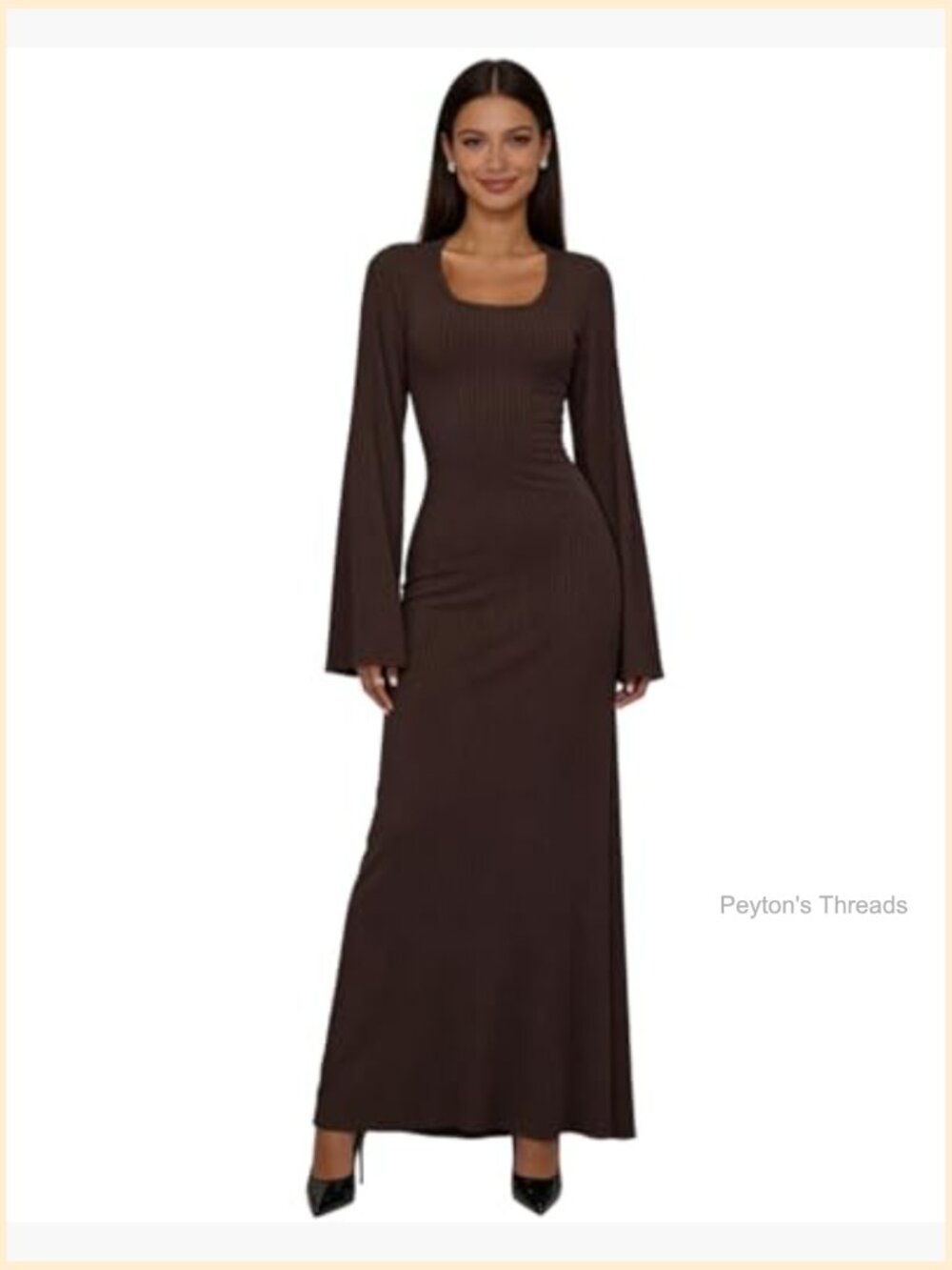 Scoop Neck Lace Up Ribbed Maxi Dress Knit Flare Sleeve Bodycon Long Dress - Picture 2 of 7